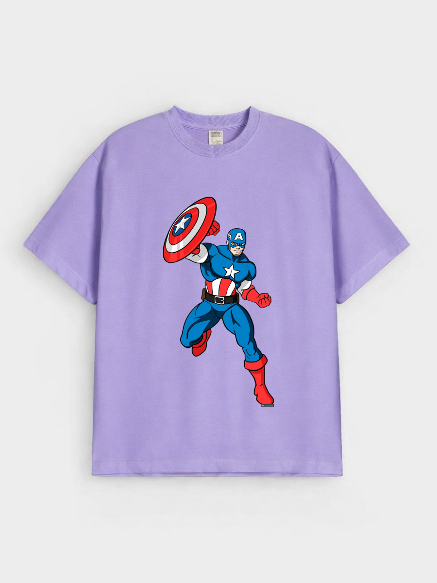 Boys Cartoon Captain America Print Purple Down Shoulder T-shirt