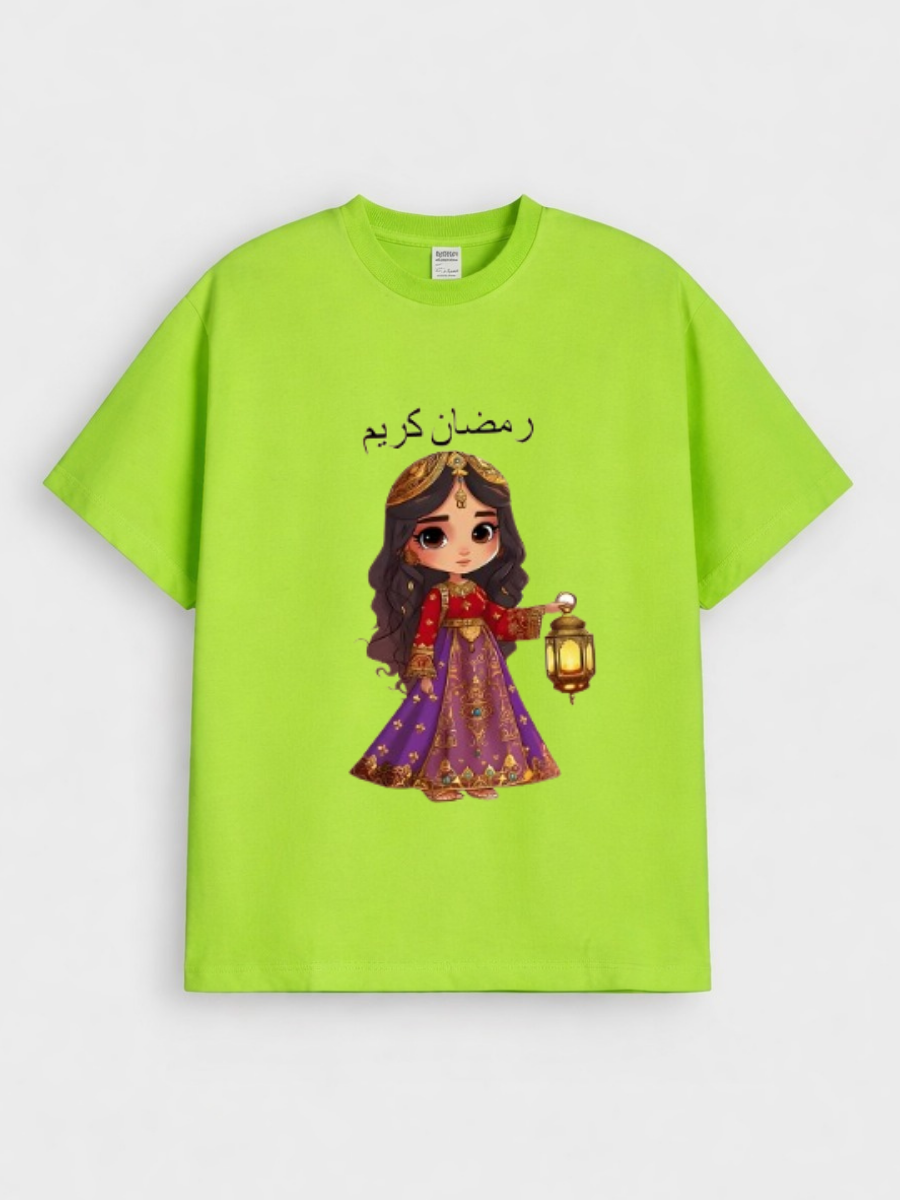 Girls Ramadan Kareem Princess Lantern Graphic Down Shoulder T-shirt for Ramadan Celebration