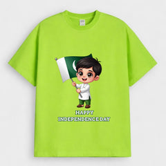 Lime Green Cute Boy Flag Graphic Design Downshoulder T-Shirt (AZADI)