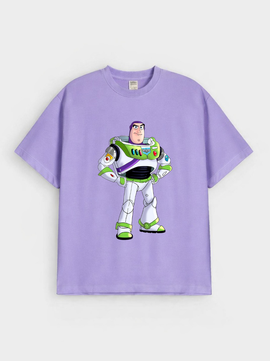 Boys Cartoon Space Ranger Print Purple Down Shoulder T-shirt
