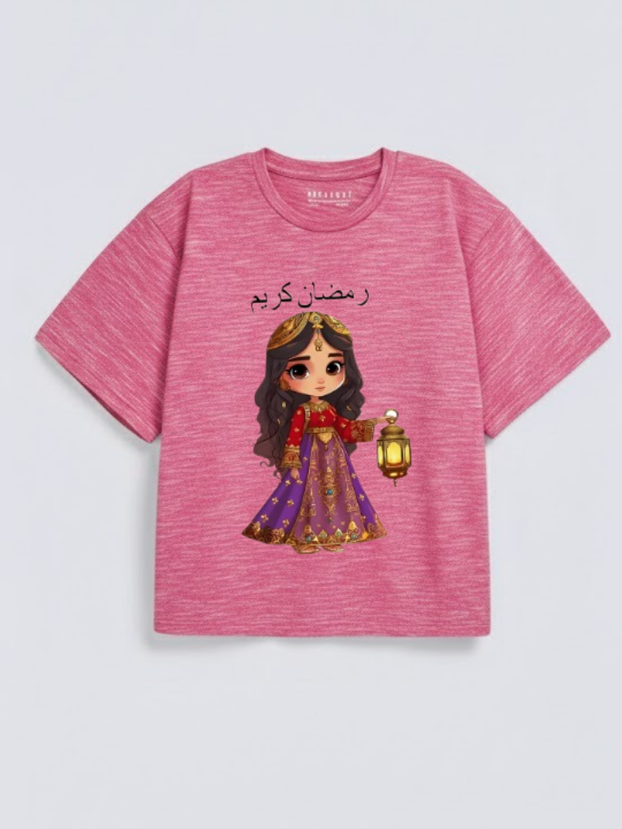 Girls Ramadan Kareem Princess Lantern Graphic Down Shoulder T-shirt for Ramadan Celebration