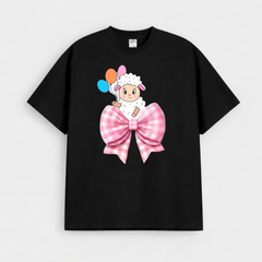 Girls Cute Lamb & Pink Bow Graphic Drop-Shoulder T-Shirt (Eid Edit)