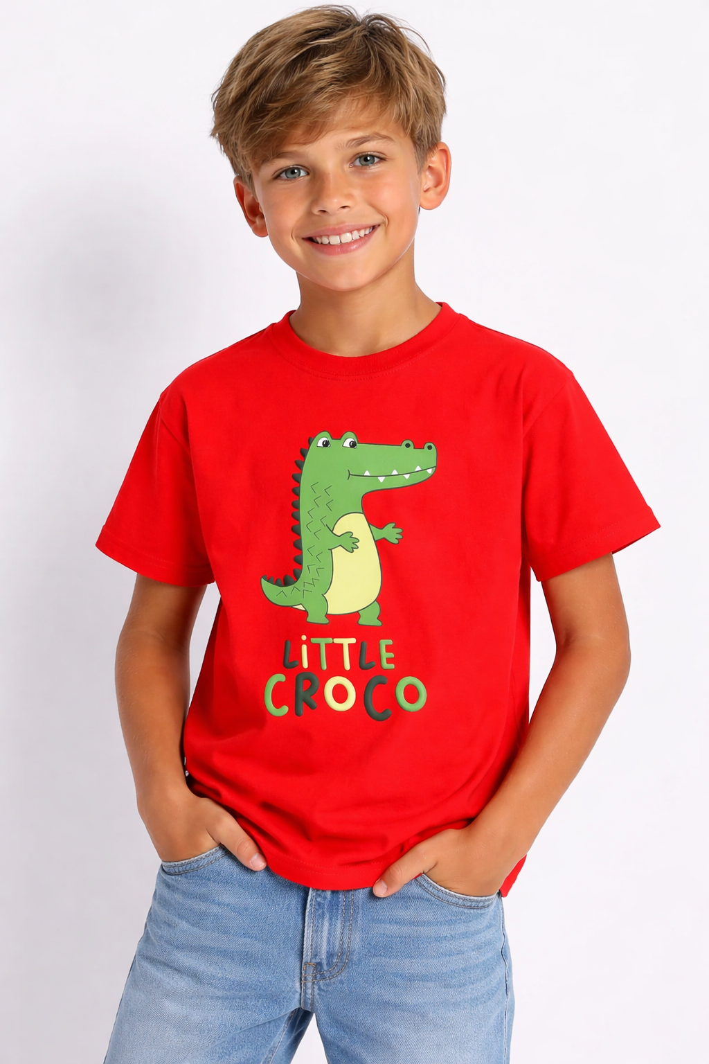 Boys Little Croco Print Red Down Shoulder T-shirt