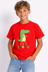 Boys Little Croco Print Red Down Shoulder T-shirt