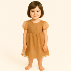 Girls peach net polka dot frock (Last Chance)