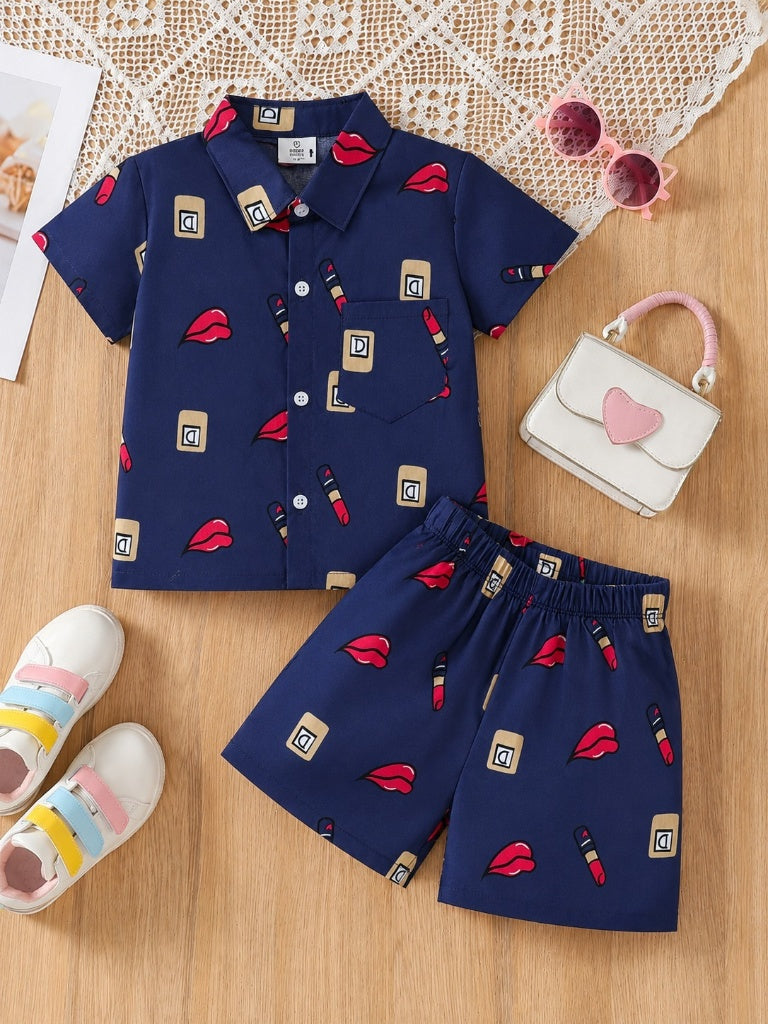 Girls Navy Blue Lipstick Print Tracksuit (Summer)