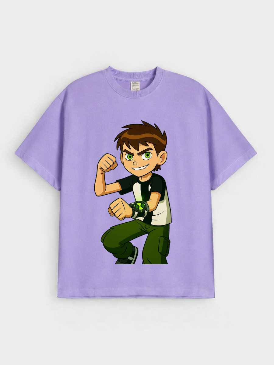 Boys Cartoon Action Hero Print Purple Down Shoulder T-shirt