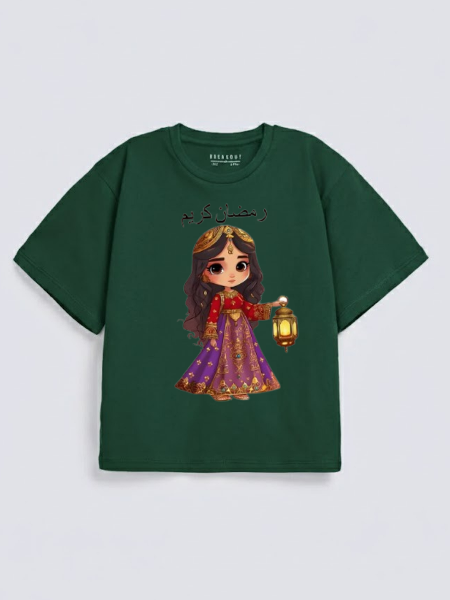 Girls Ramadan Kareem Princess Lantern Graphic Down Shoulder T-shirt for Ramadan Celebration