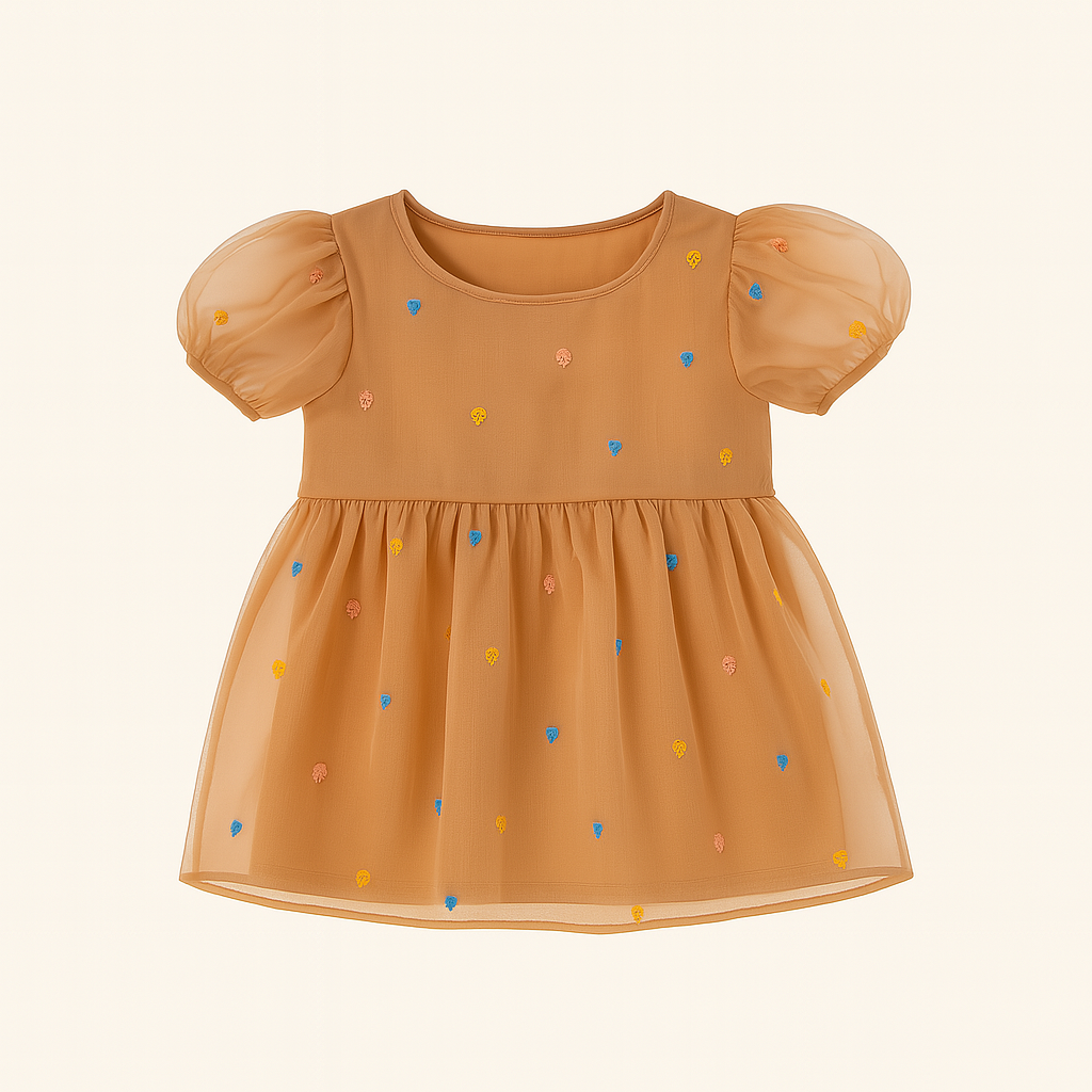 Girls peach net polka dot frock (Last Chance)