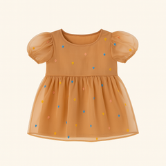 Girls peach net polka dot frock (Last Chance)
