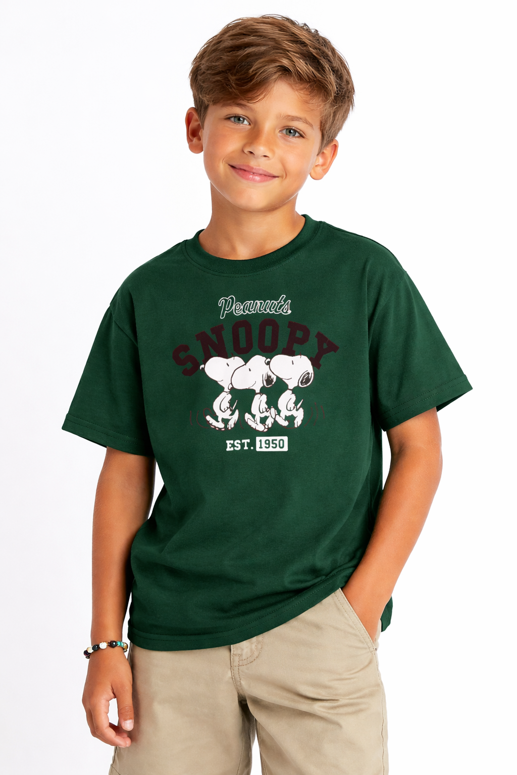 Boys Snoopy Peanuts Green Down Shoulder T-shirt