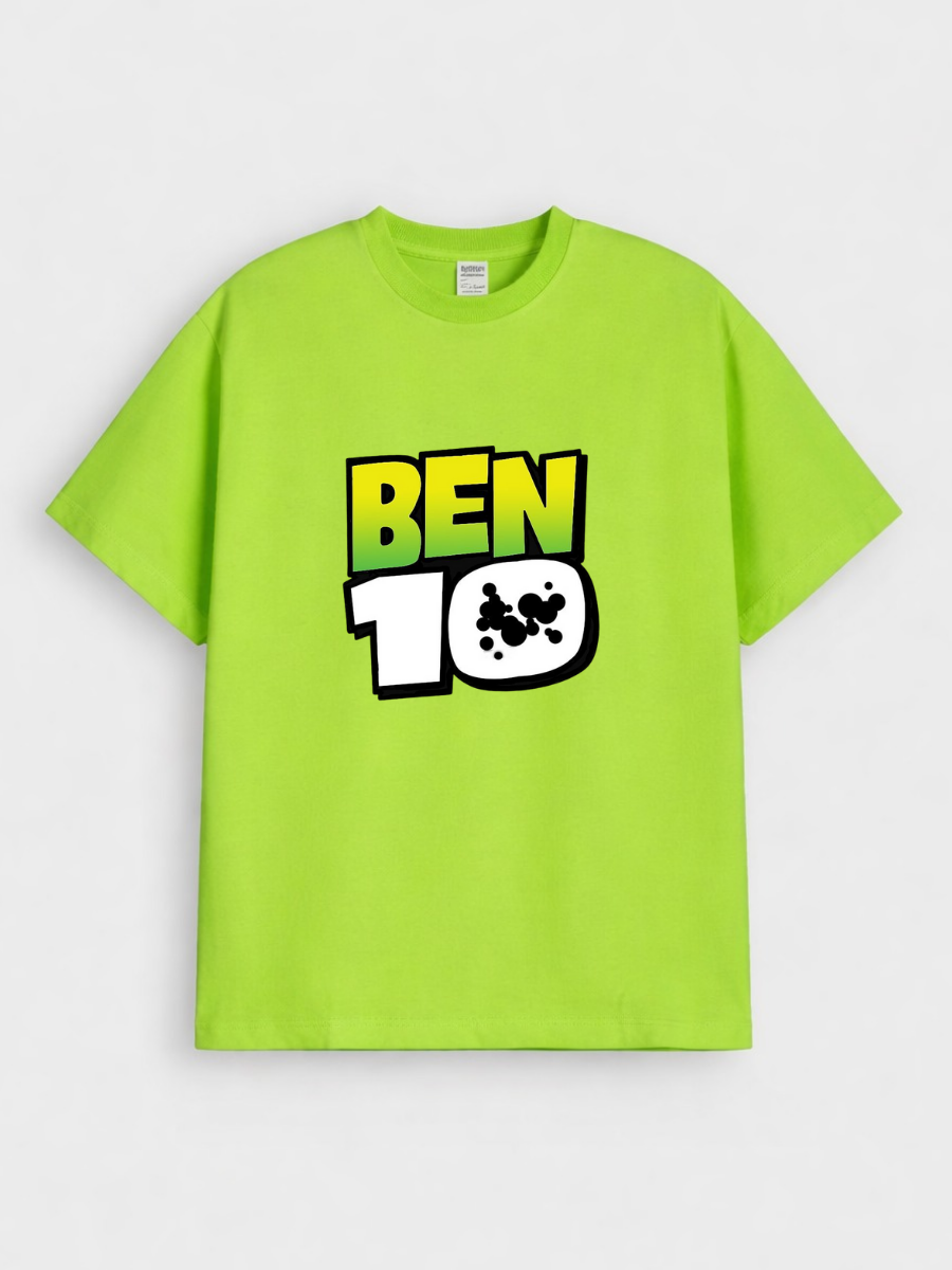 Boys Cartoon Ben 10 Print Green Down Shoulder T-shirt