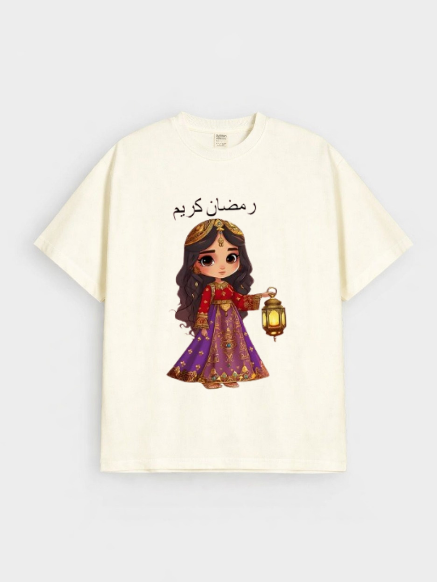 Girls Ramadan Kareem Princess Lantern Graphic Down Shoulder T-shirt for Ramadan Celebration