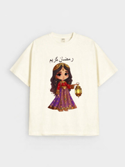 Girls Ramadan Kareem Princess Lantern Graphic Down Shoulder T-shirt for Ramadan Celebration