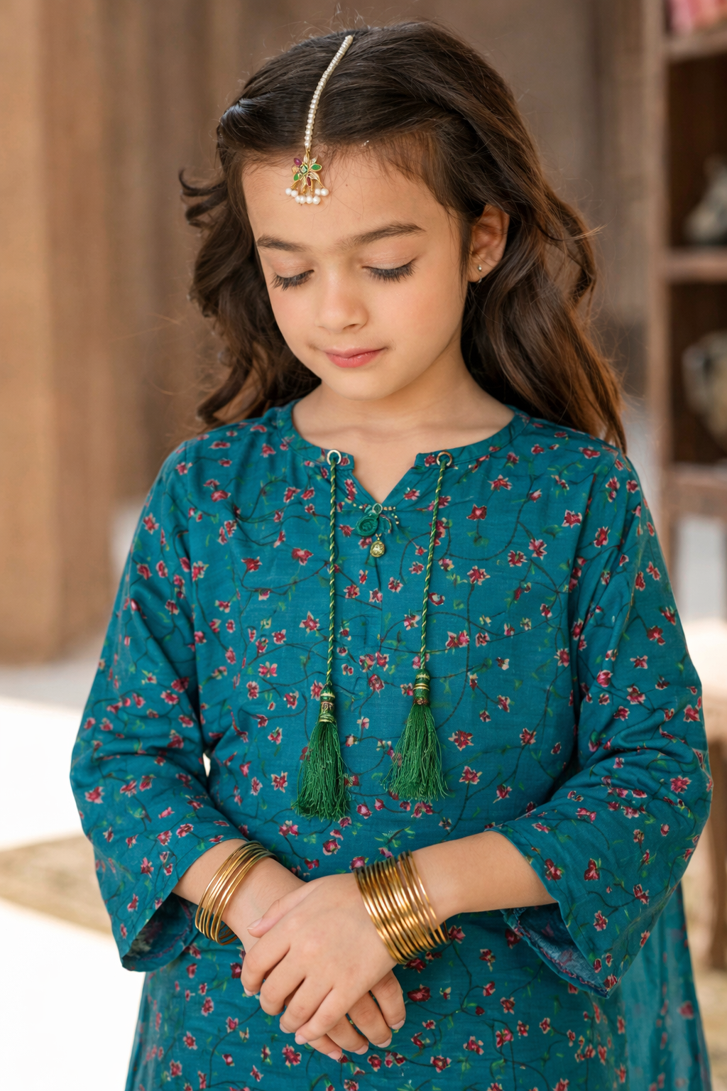 Girls Turquoise Floral Print shalwar kameez