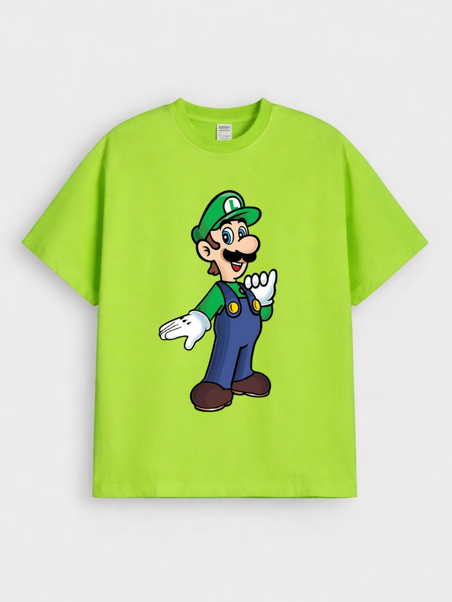 Boys Cartoon Luigi Print Green Down Shoulder T-shirt