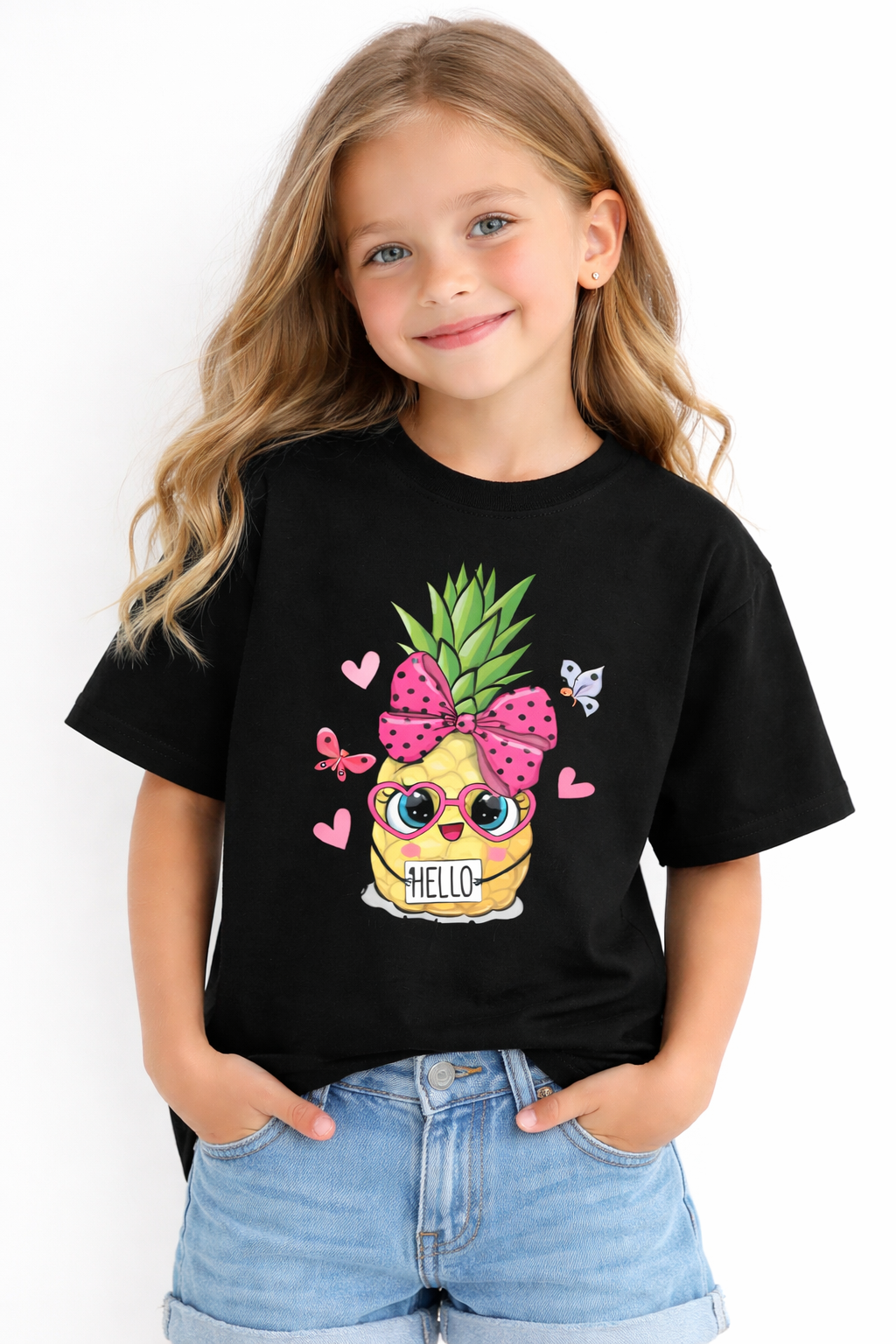 Girls Cute Pineapple Black Down ShoulderT-shirt