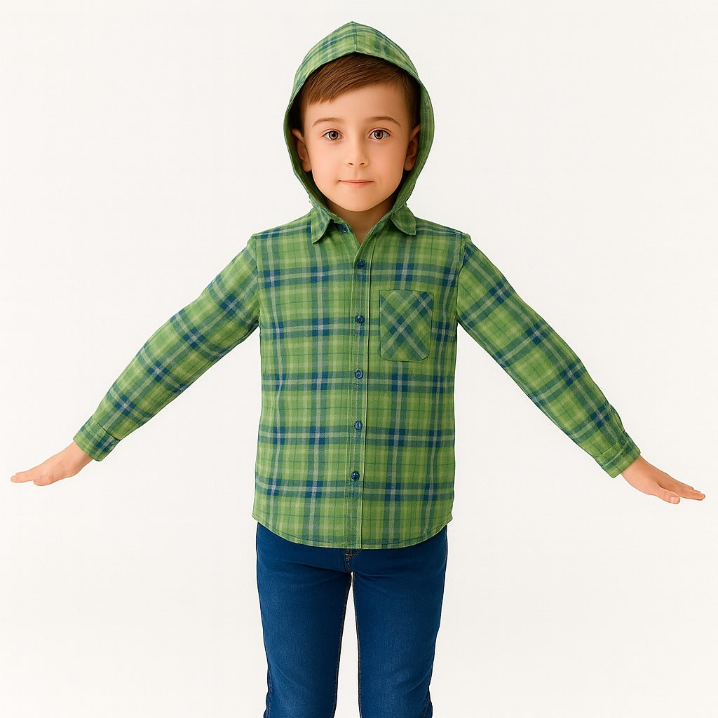 Boys green check hood