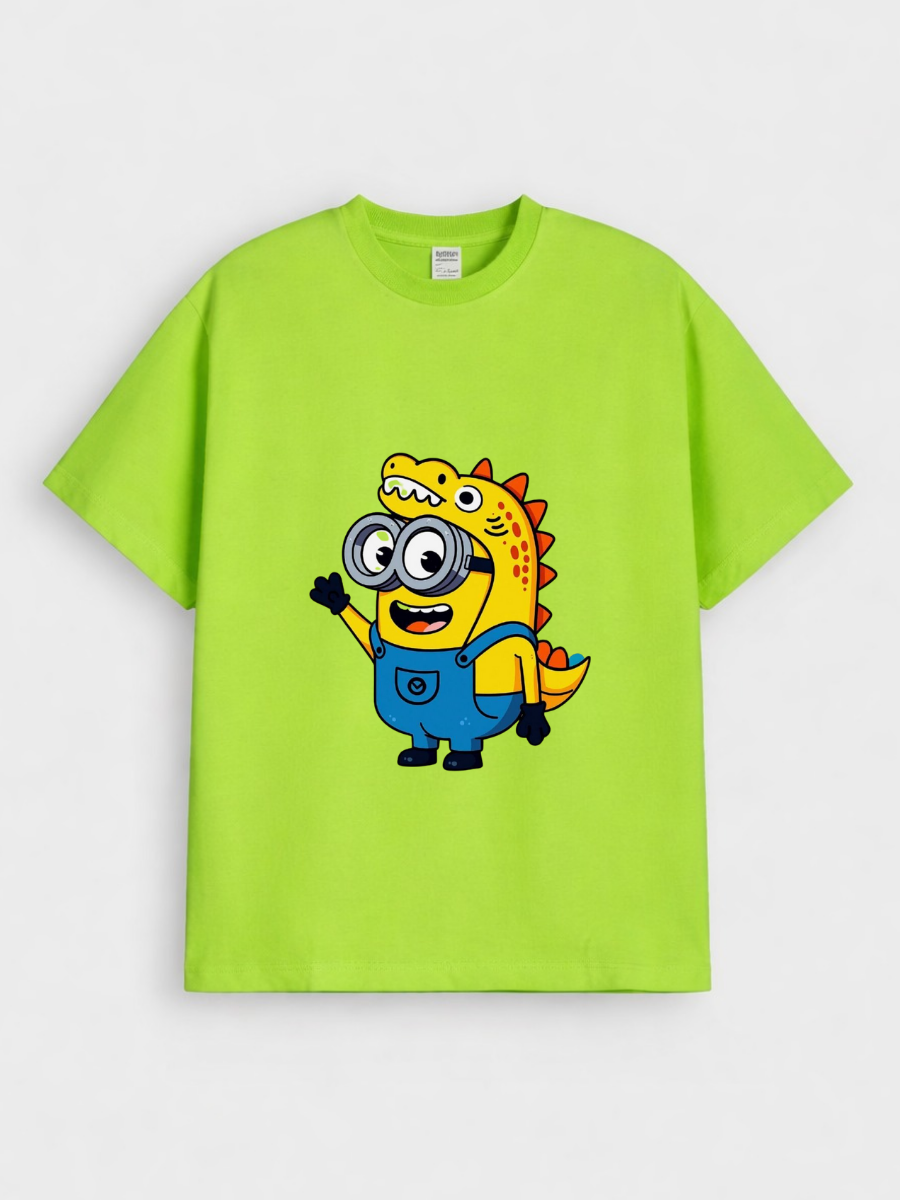 Boys Cartoon Minion Dinosaur Print Green Down Shoulder T-shirt