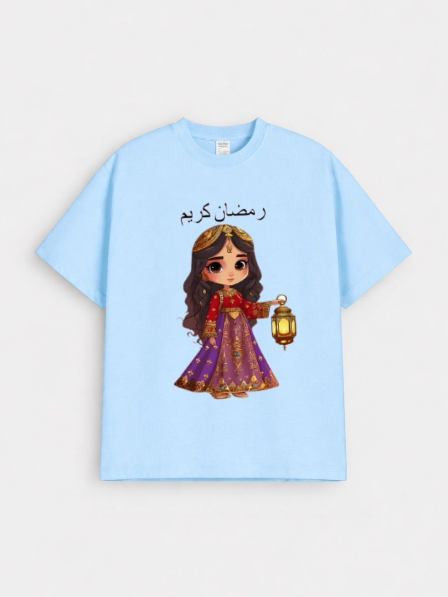 Girls Ramadan Kareem Princess Lantern Graphic Down Shoulder T-shirt for Ramadan Celebration
