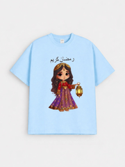 Girls Ramadan Kareem Princess Lantern Graphic Down Shoulder T-shirt for Ramadan Celebration
