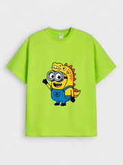 Boys Cartoon Minion Dinosaur Print Green Down Shoulder T-shirt