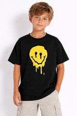 Boys Dripping Smile Graphic Black Down Shoulder T-shirt