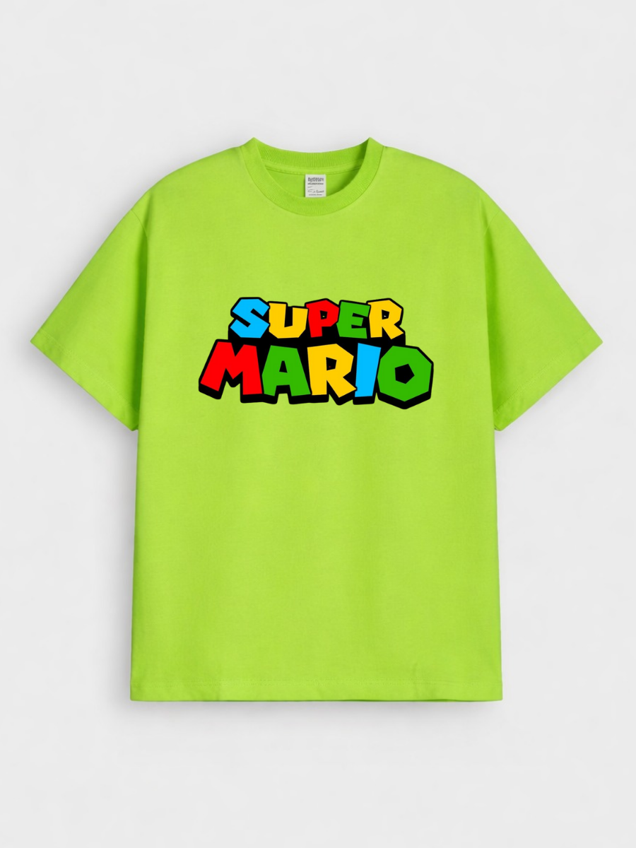 Boys Super Mario Logo Print Green Down Shoulder T-shirt