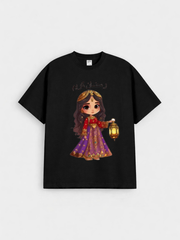 Girls Ramadan Kareem Princess Lantern Graphic Down Shoulder T-shirt for Ramadan Celebration