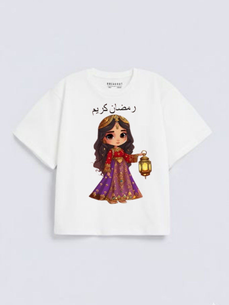 Girls Ramadan Kareem Princess Lantern Graphic Down Shoulder T-shirt for Ramadan Celebration