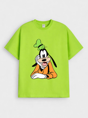 Boys Cartoon Goofy Print Green Down Shoulder T-shirt