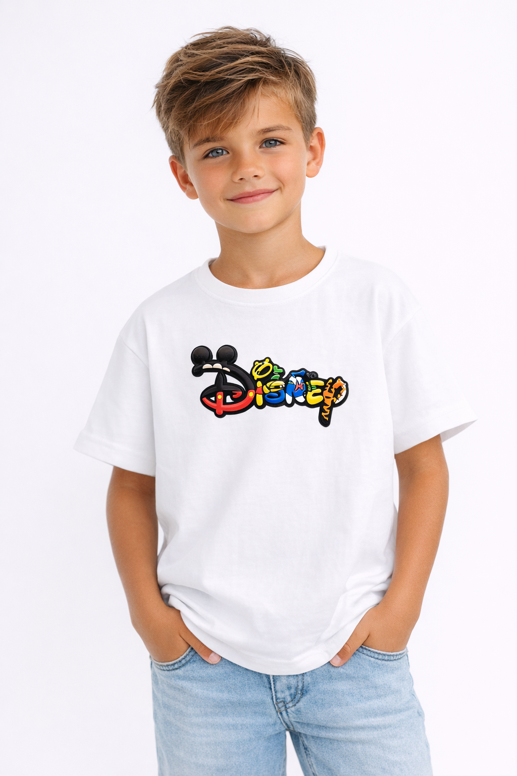 Boys Disney Logo Print White Down Shoulder T-shirt