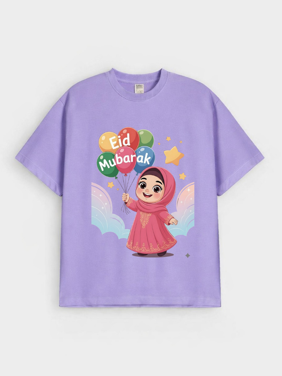 Girls Eid Mubarak Balloon Princess Graphic Down Shoulder T-shirt for Eid Celebration