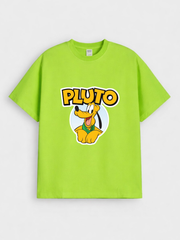 Boys Cartoon Pluto Print Green Down Shoulder T-shirt