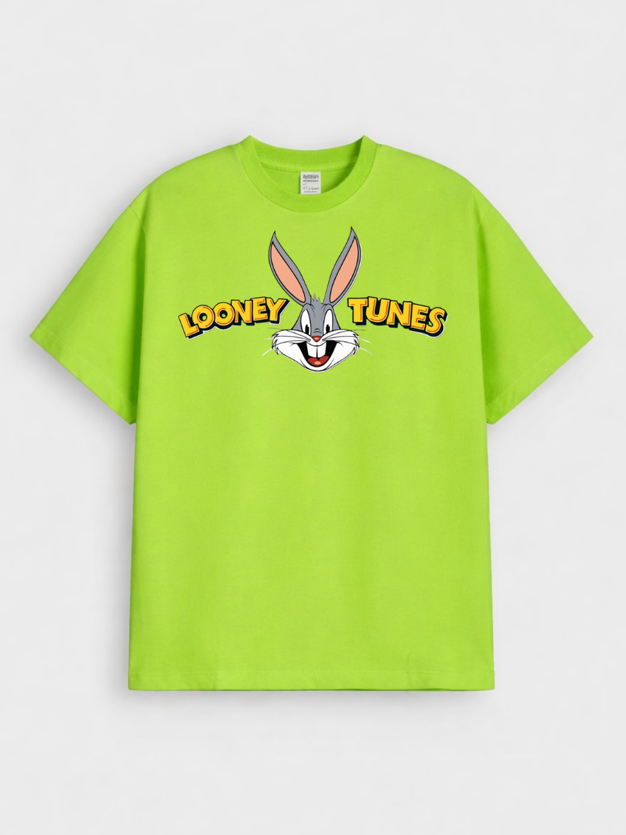 Boys Cartoon Looney Tunes Print Green Down Shoulder T-shirt