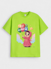 Girls Eid Mubarak Balloon Princess Graphic Down Shoulder T-shirt for Eid Celebration