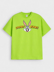 Boys Cartoon Looney Tunes Print Green Down Shoulder T-shirt