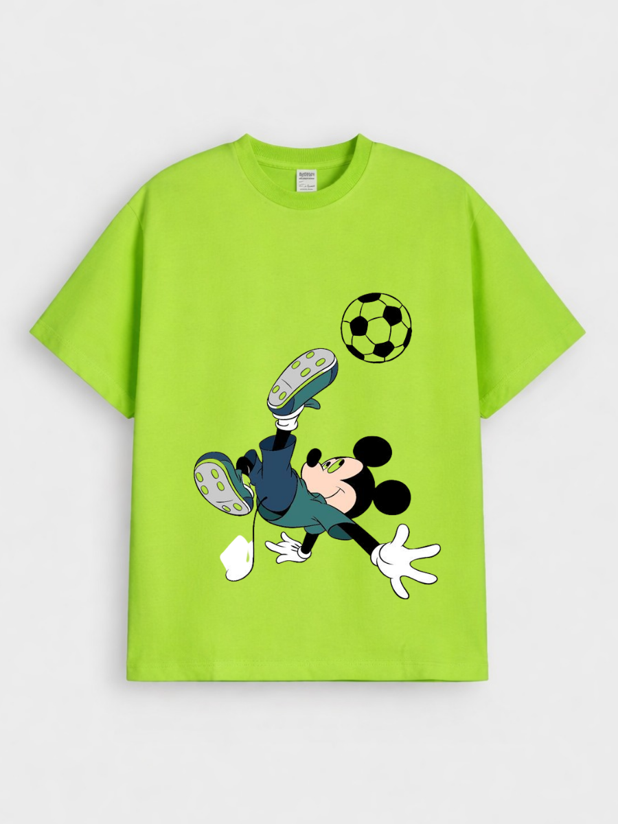Boys Cartoon Soccer Mickey Print Green Down Shoulder T-shirt