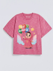 Girls Eid Mubarak Balloon Princess Graphic Down Shoulder T-shirt for Eid Celebration
