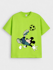 Boys Cartoon Soccer Mickey Print Green Down Shoulder T-shirt