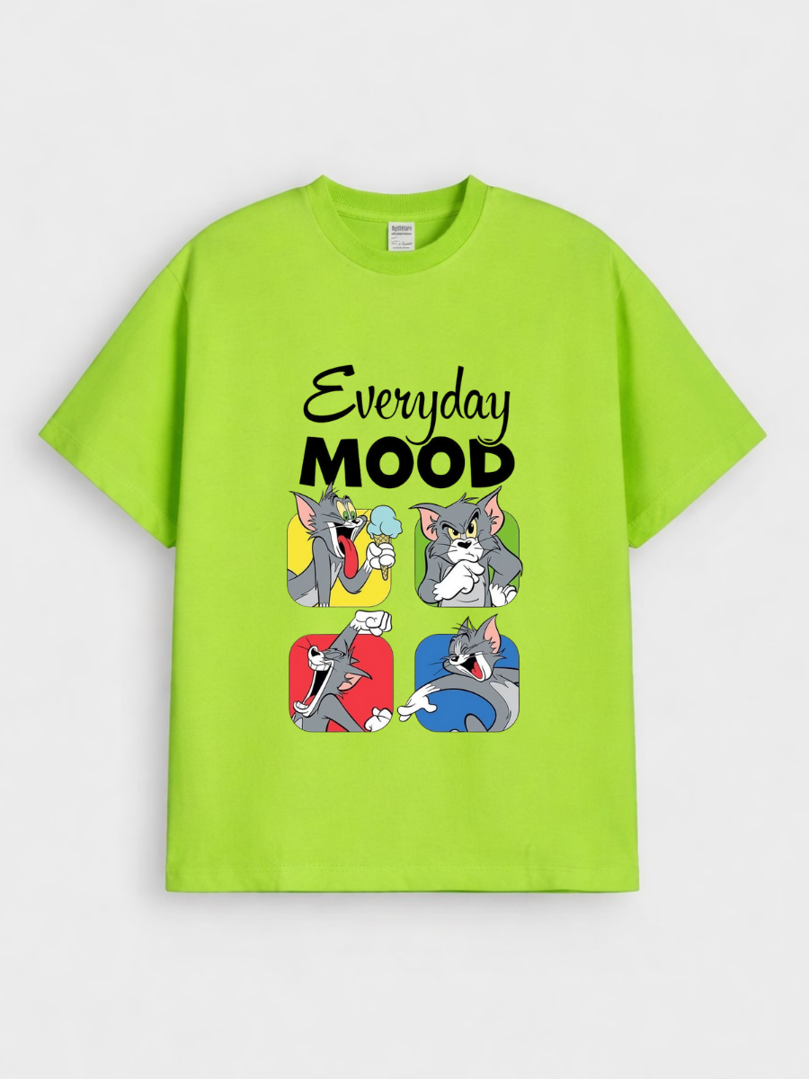 Boys Cartoon Tom and Jerry Mood Print Green Down Shoulder T-shirt