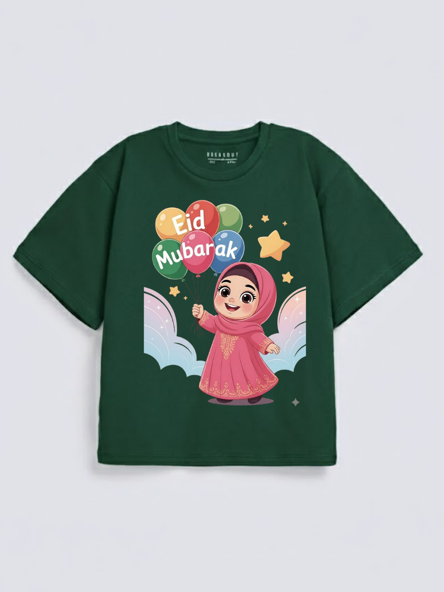 Girls Eid Mubarak Balloon Princess Graphic Down Shoulder T-shirt for Eid Celebration