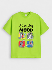 Boys Cartoon Tom and Jerry Mood Print Green Down Shoulder T-shirt