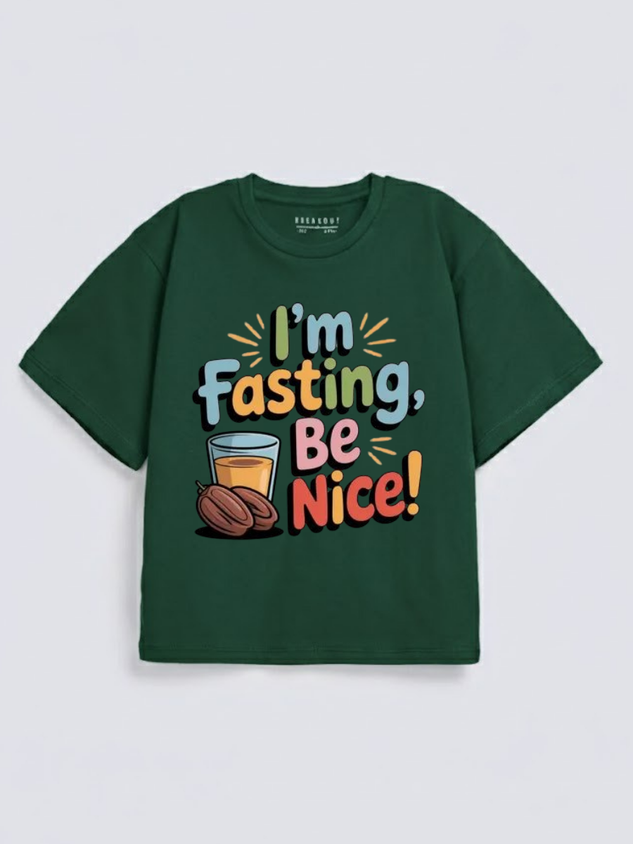 Girls Funny Fasting Quote Graphic Down Shoulder T-shirt for Ramadan