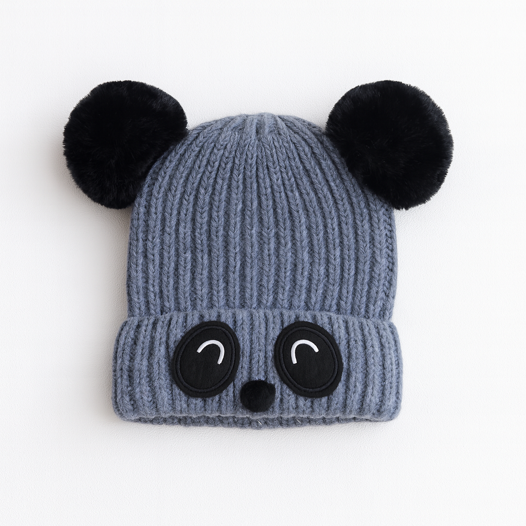 Gray panda pompon cap