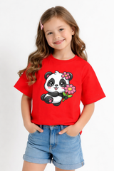 Girls Cute Panda Cartoon Red Down Shoulder T-shirt