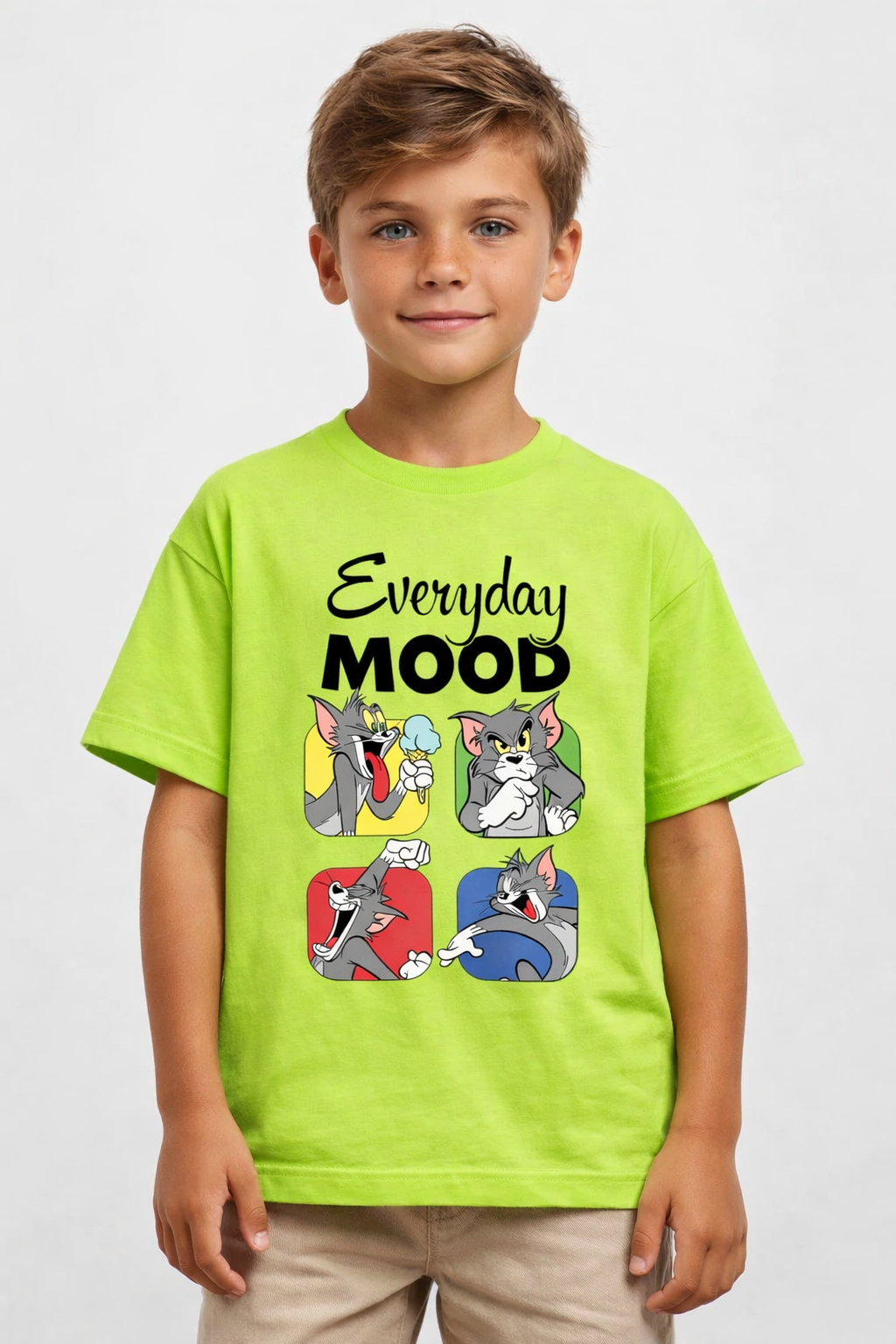 Boys Cartoon Tom and Jerry Mood Print Green Down Shoulder T-shirt