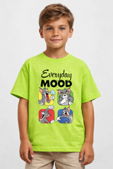 Boys Cartoon Tom and Jerry Mood Print Green Down Shoulder T-shirt