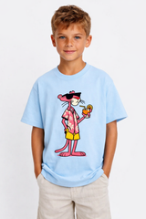 Boys Pink Panther Summer Sky Blue Down Shoulder T-shirt