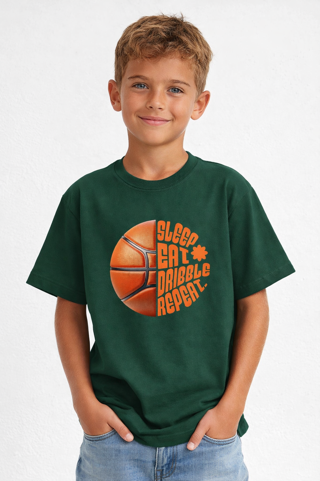 Boys Sleep Eat Dribble Basketball Green Down Shoulder T-shirt